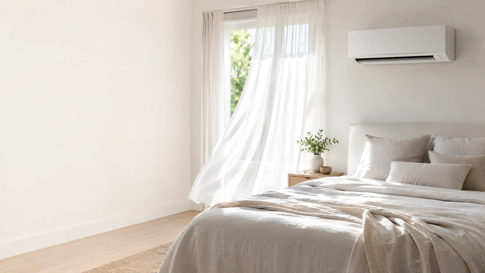 A serene bright bedroom kept cool by a wall-mounted air conditioner