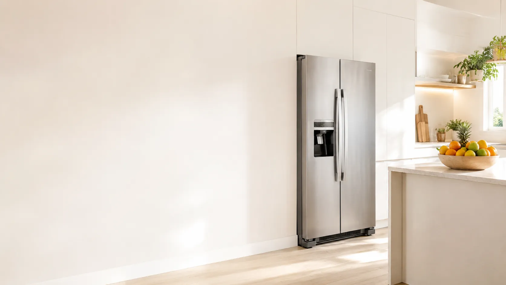 A silver double-door fridge in a bright modern kitchen with fresh fruit on the counter