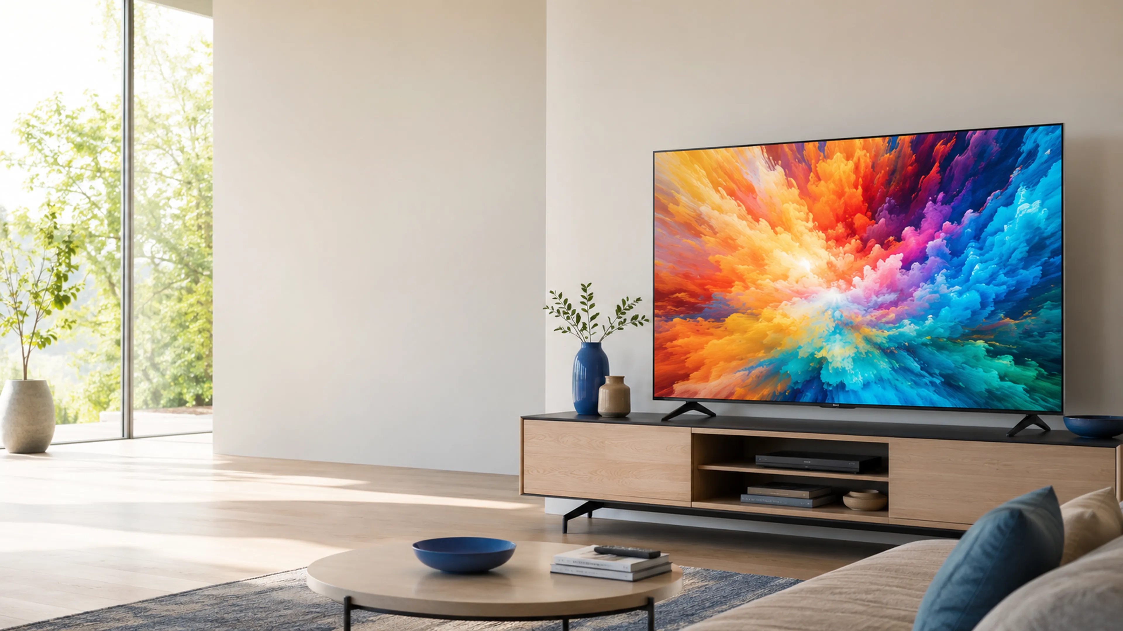 A Hisense smart TV displaying vivid colourful art in a bright, sunlit modern living room