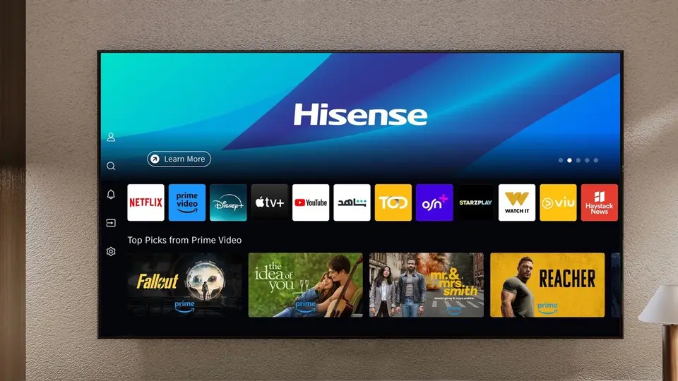 VIDAA OS home screen with streaming apps on a Hisense A4 smart TV