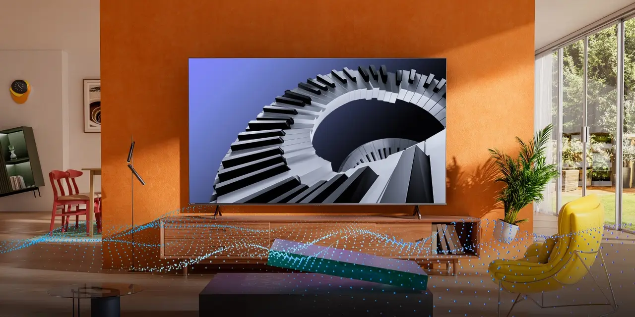 Hisense A6 in a living room showing a cinematic scene with immersive sound