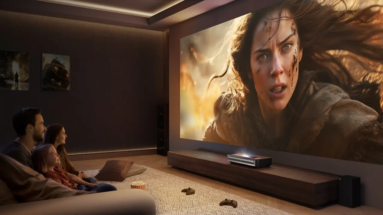 Hisense PX3-Pro projecting a large cinematic image in a home theatre