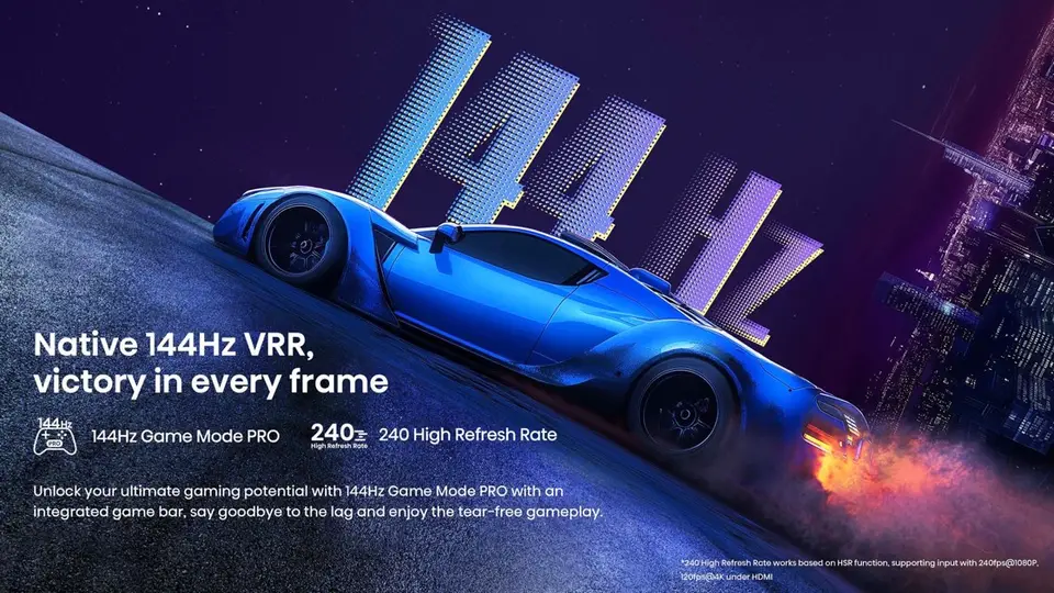 Blue race car and 144Hz lettering — Hisense Q7 144Hz Game Mode PRO campaign art