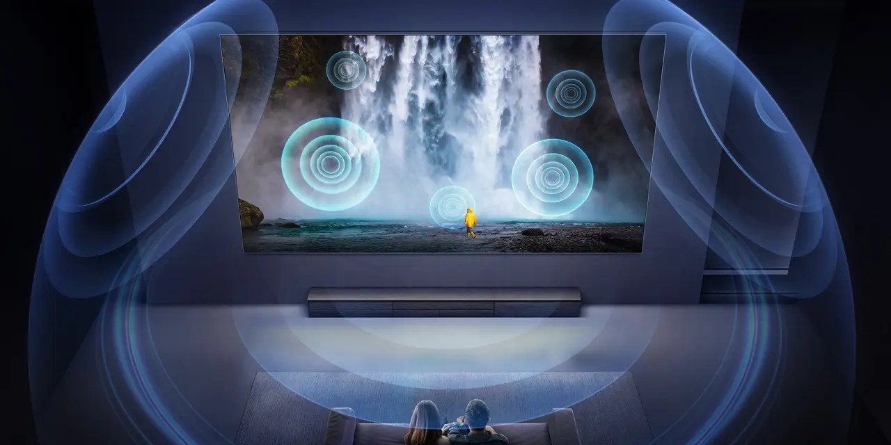 Room-filling Dolby Atmos sound visualised around a Hisense TV
