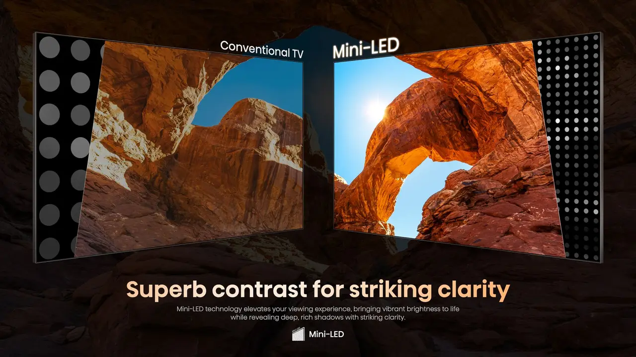 Side-by-side comparison: dim conventional TV vs bright Hisense Mini-LED panel