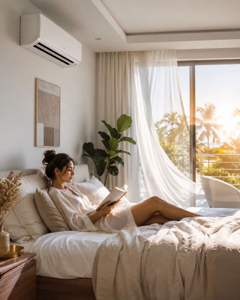 Calm bright bedroom kept cool by a wall-mounted air conditioner