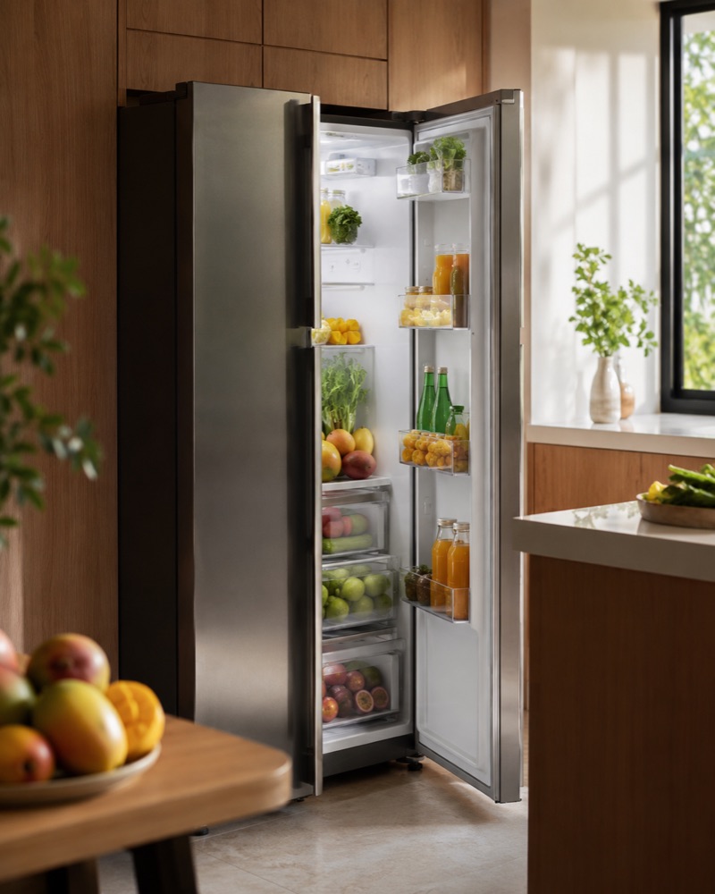 Modern kitchen with a silver double-door fridge full of fresh produce