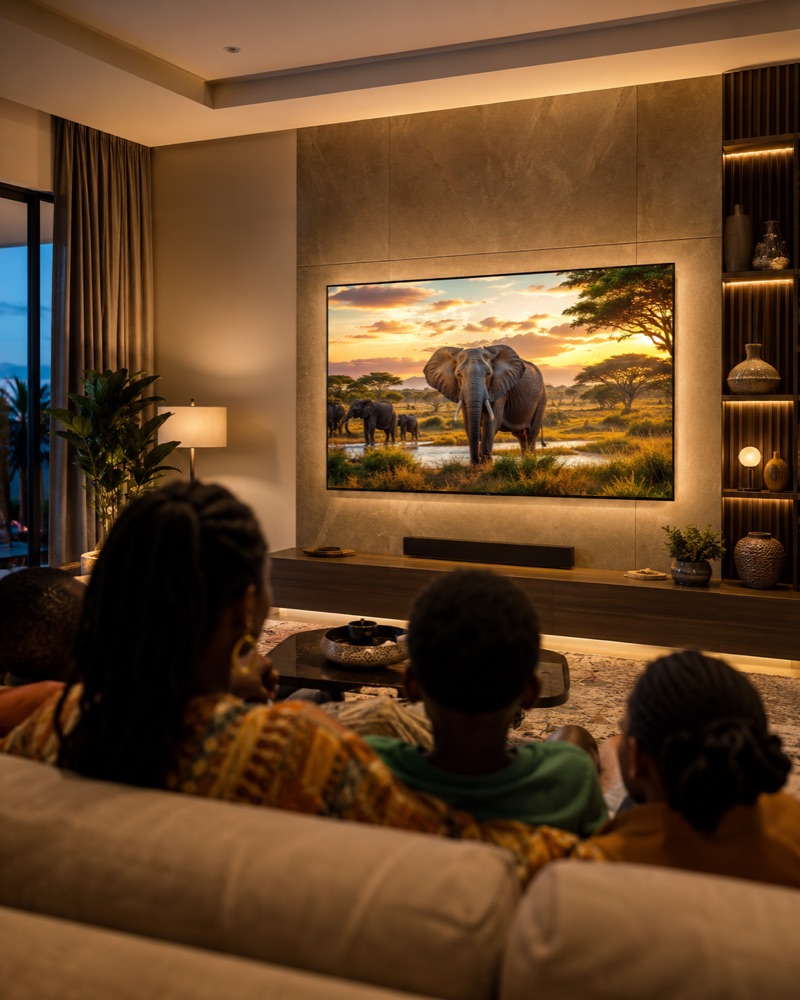 Family movie night around a large vivid TV in a warm living room